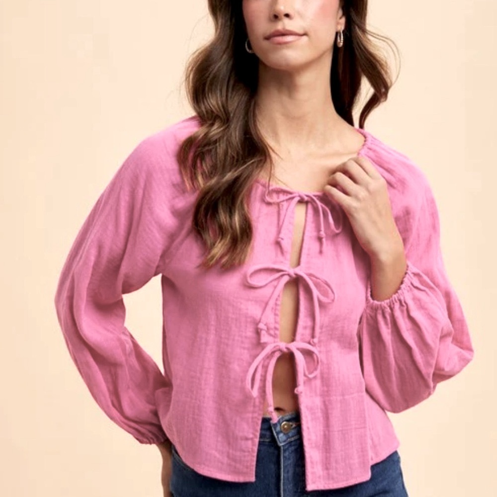 JOYNA Italian Pink Cotton Gauze Tie- Front Blouse OS NWT